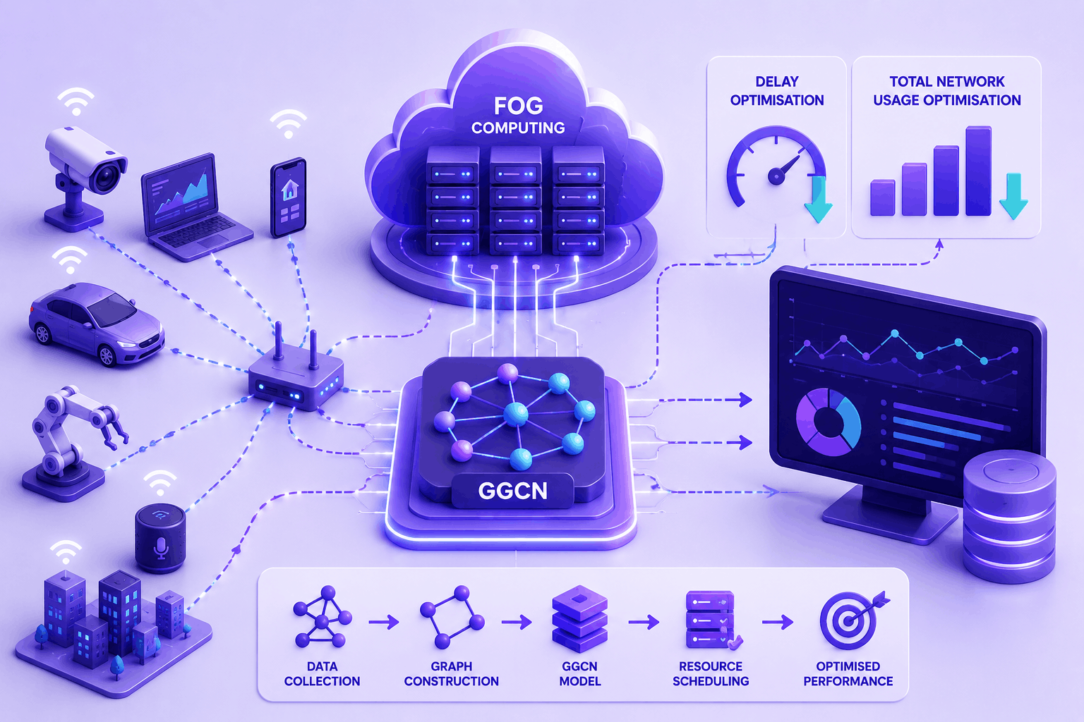 Delay and total network usage optimisation using GGCN in fog computing